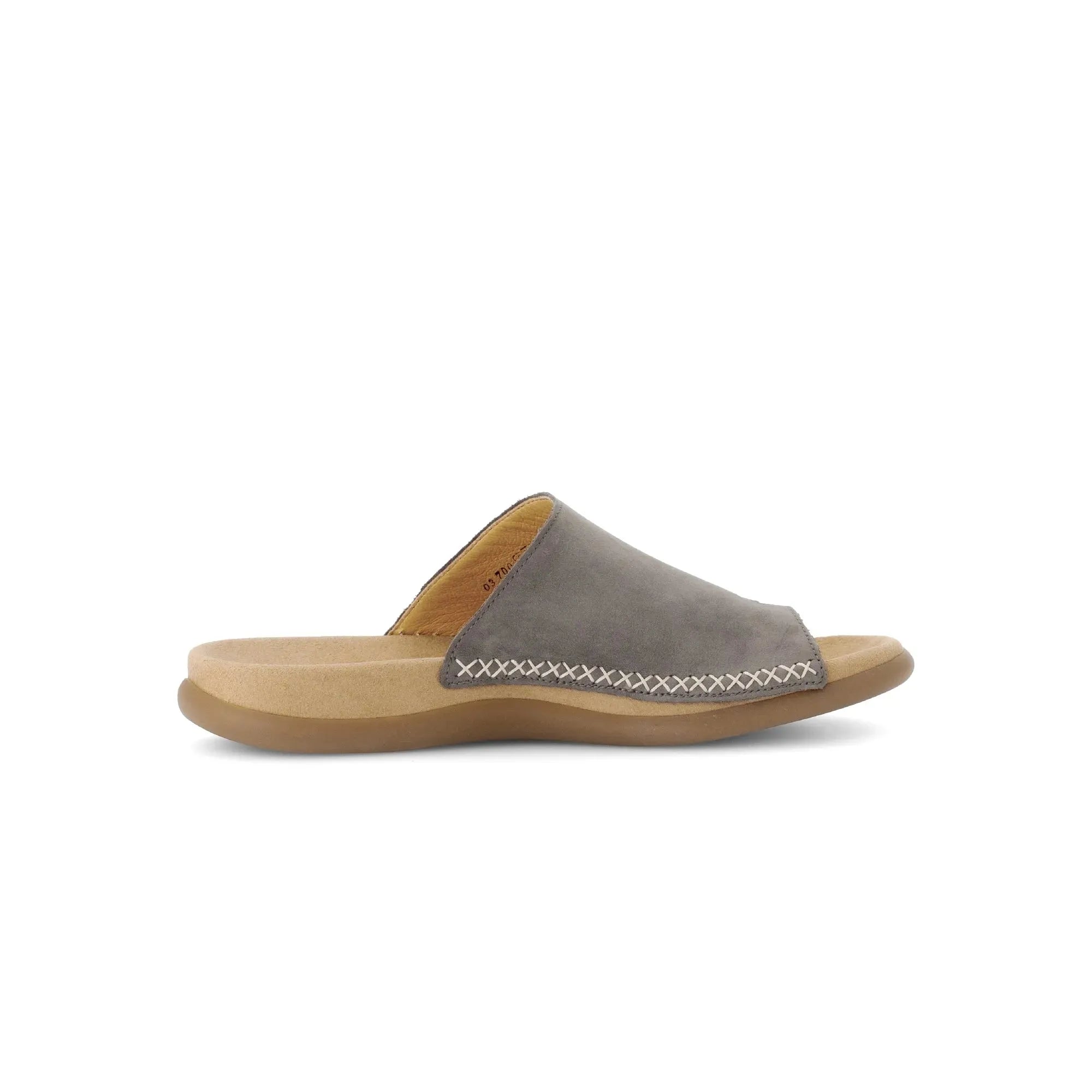 Gabor Lanzarote Ladies Taupe Nubuck Slip-On Sandals with cushioned insole and cross-stitch detailing.