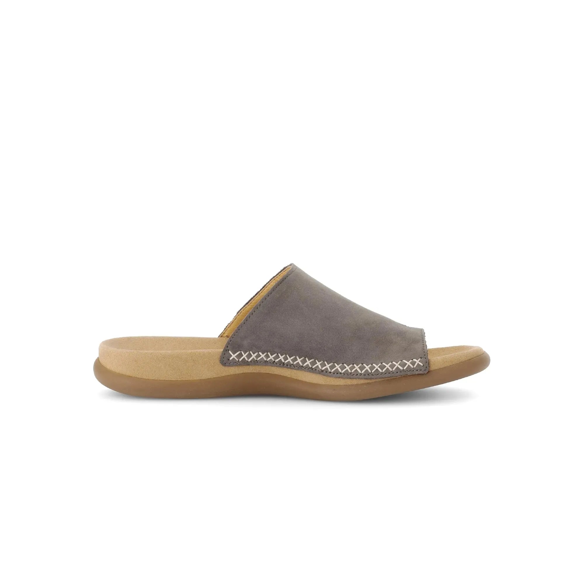 Gabor Lanzarote women's taupe nubuck slip-on sandals with stitched detailing and cushioned sole.