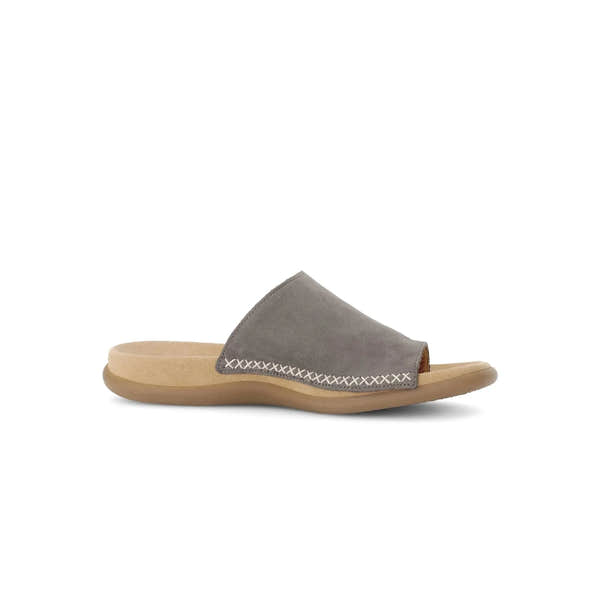 Gabor Lanzarote Ladies Taupe Nubuck Slip-On Sandals with cushioned footbed and stitched detailing, lightweight and comfortable.