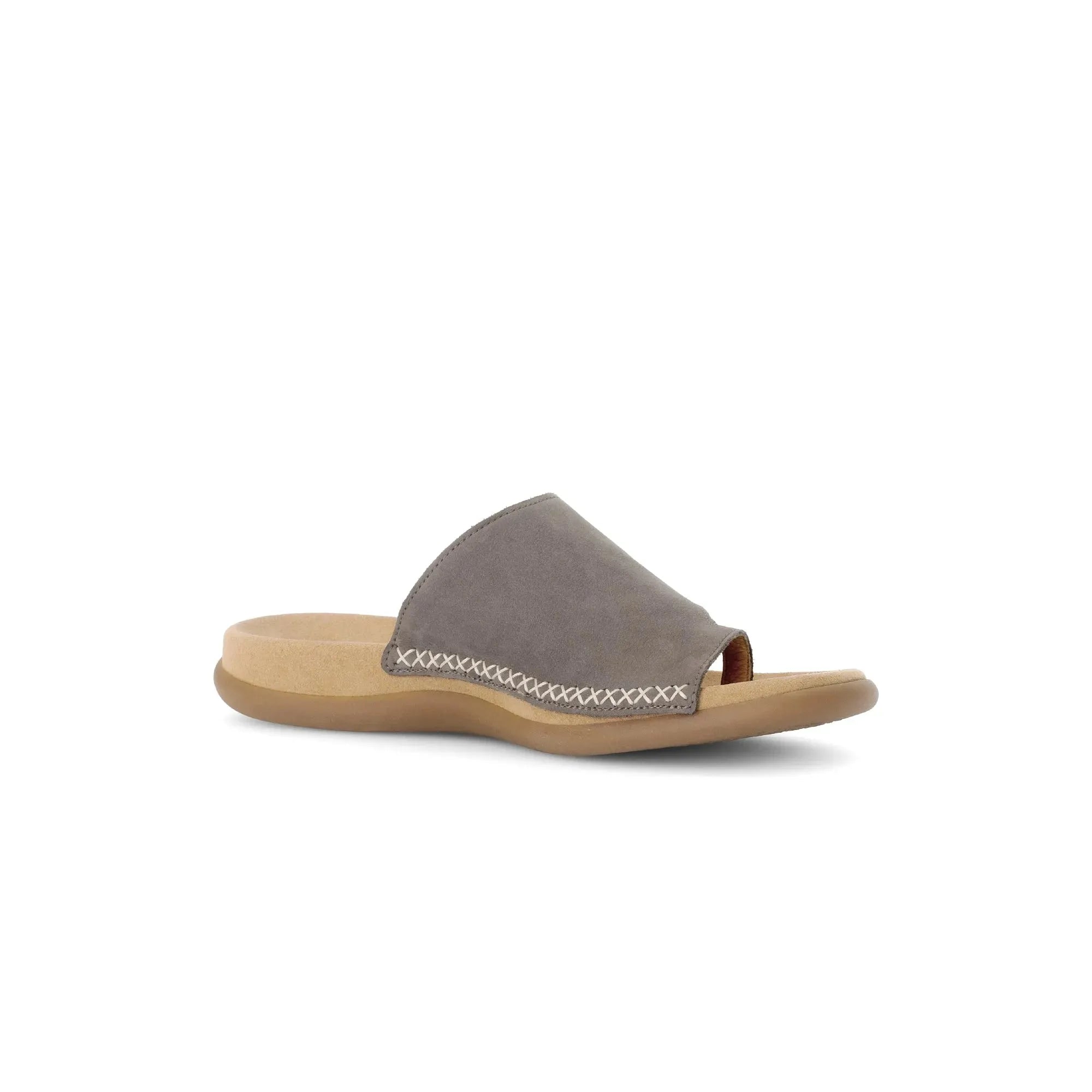 Gabor Lanzarote Ladies Taupe Nubuck Slip-On Sandals with cushioned sole and contrast stitching.