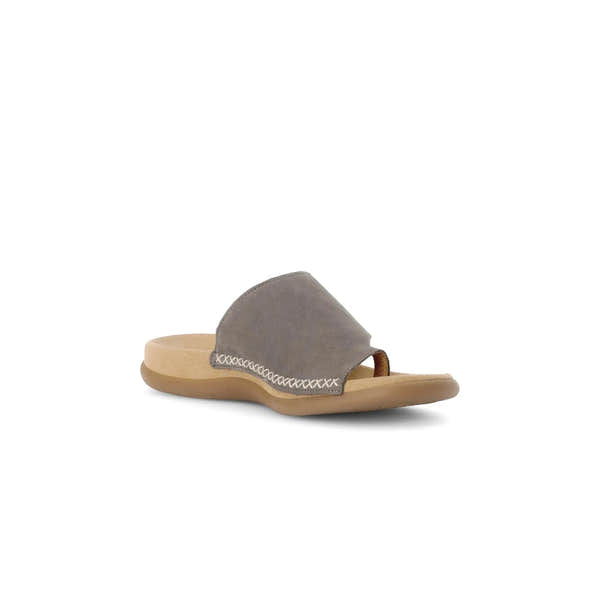 Gabor Lanzarote Ladies Taupe Nubuck Slip-On Sandals with cushioned sole and cross-stitch detail.