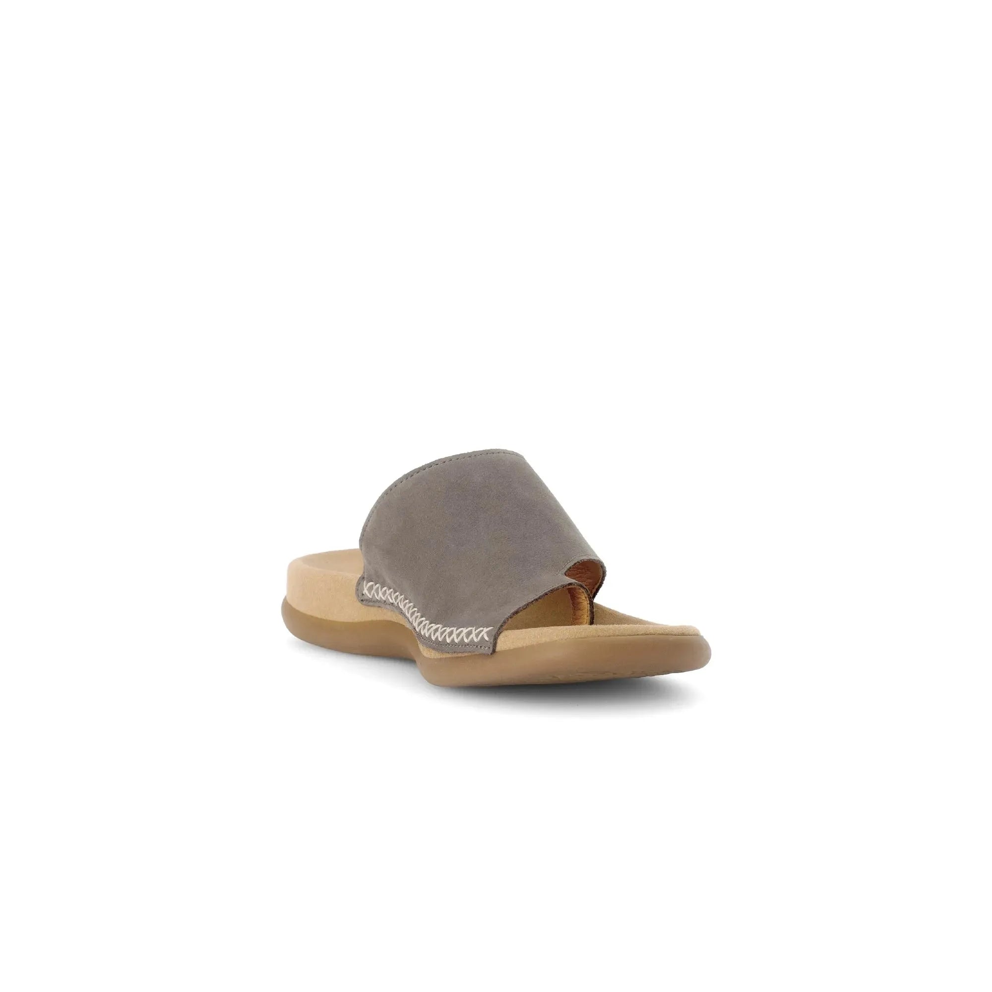 Gabor Lanzarote Ladies Taupe Nubuck Slip-On Sandals with cushioned sole and open toe design.