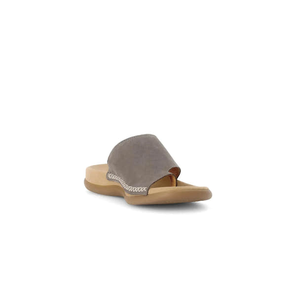 Gabor Lanzarote Ladies Taupe Nubuck Slip-On Sandals with cushioned sole and open toe design.