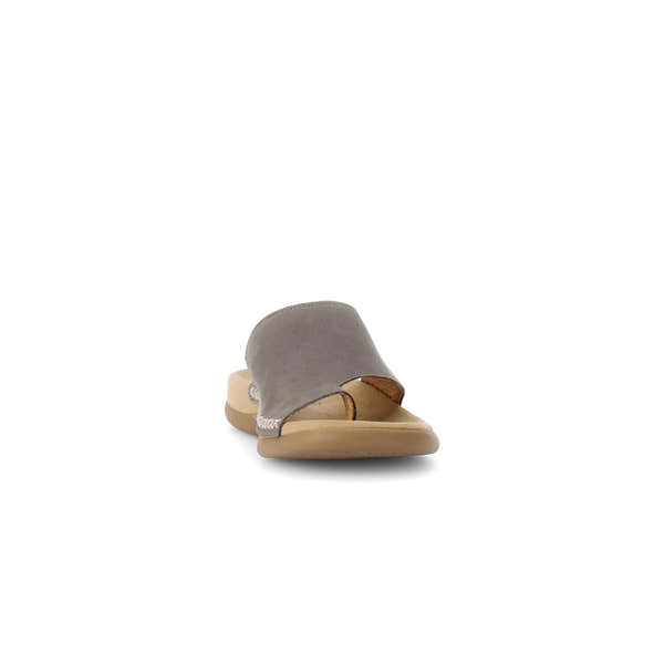 Gabor Lanzarote Ladies Taupe Nubuck Slip-On Sandals with cushioned sole and open toe design.