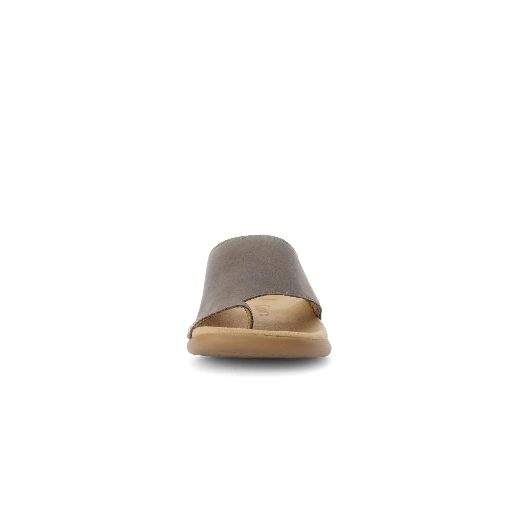 Gabor Lanzarote ladies slip-on sandals in taupe nubuck with cushioned insole and flat sole, stylish and comfortable for warm weather.