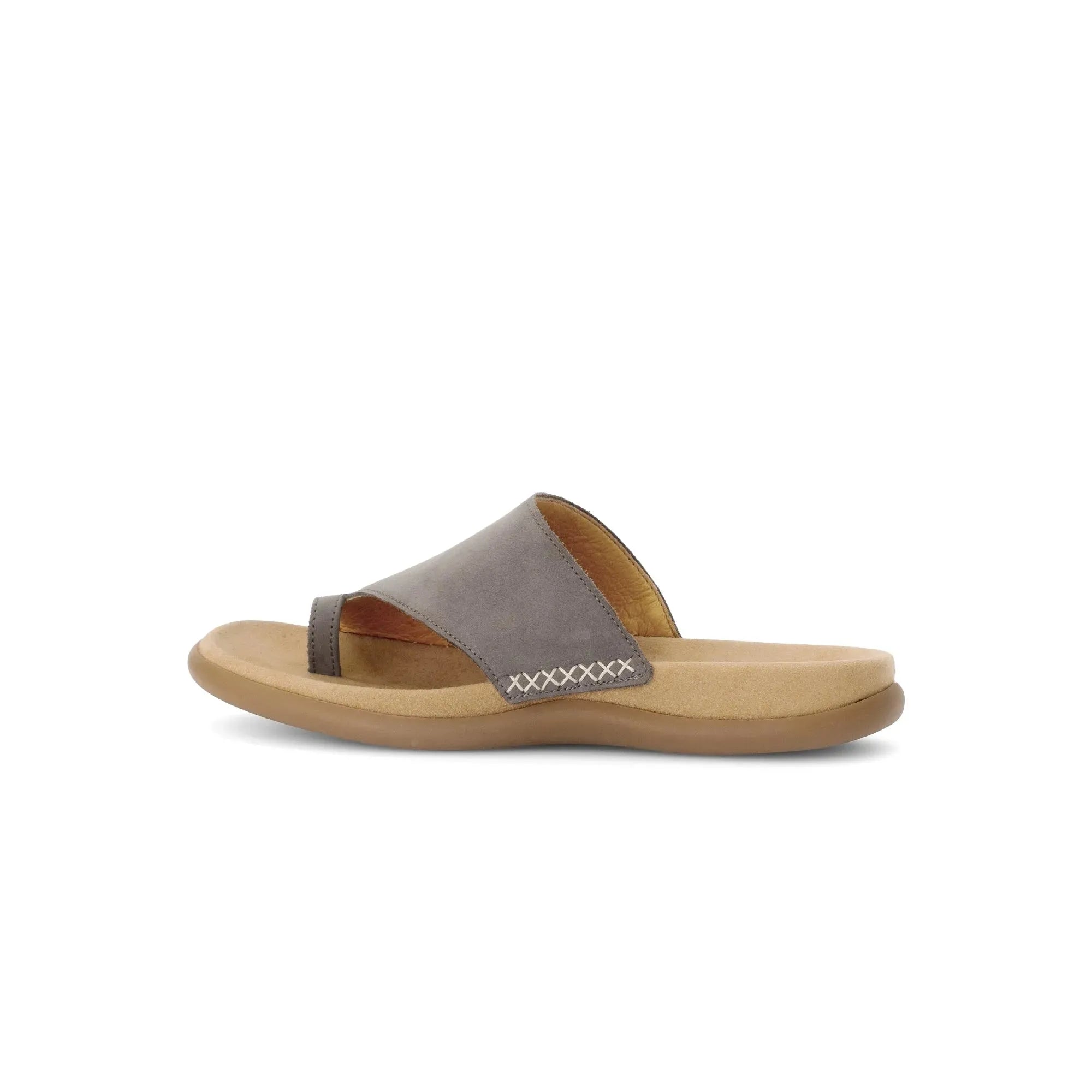Gabor Lanzarote Ladies Taupe Nubuck Slip-On Sandals with cushioned footbed and open toe design.