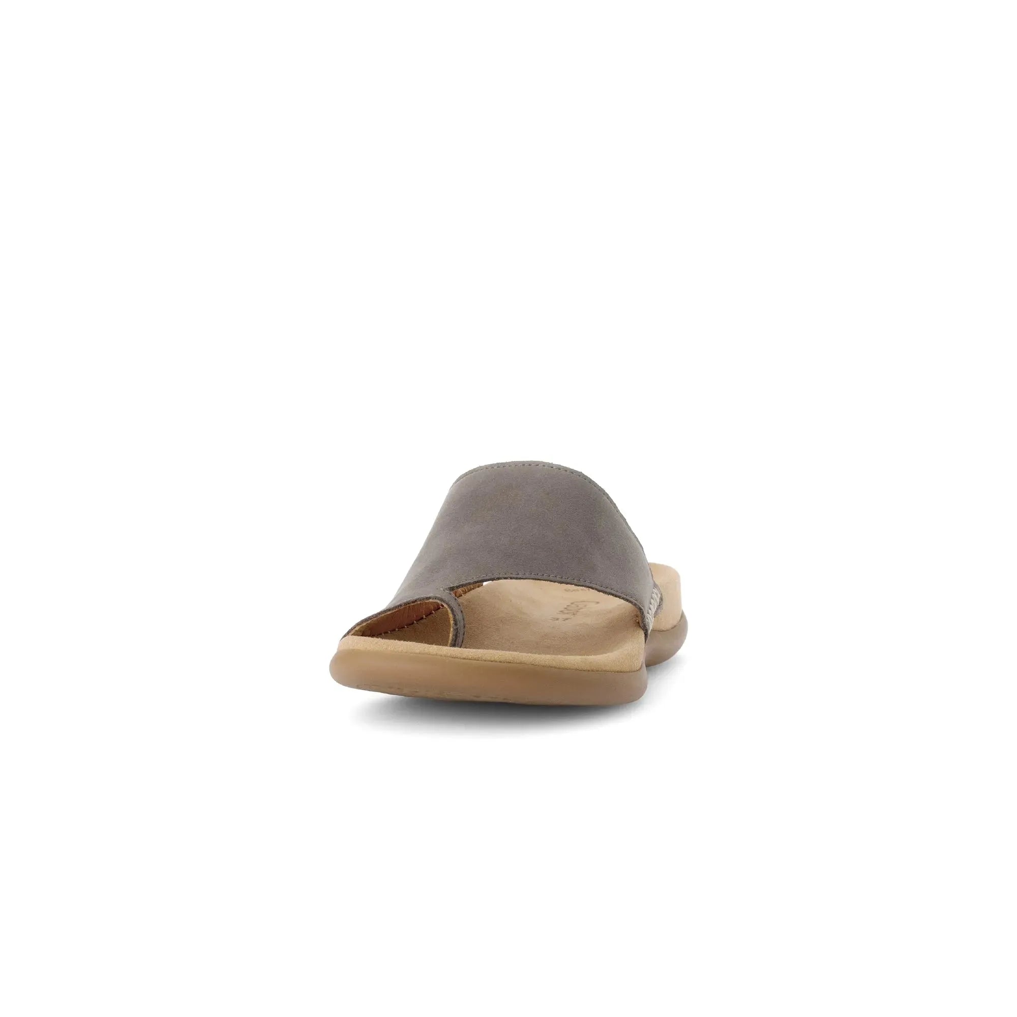 Gabor Lanzarote Ladies Taupe Nubuck Slip-On Sandals with open toe design and cushioned footbed.