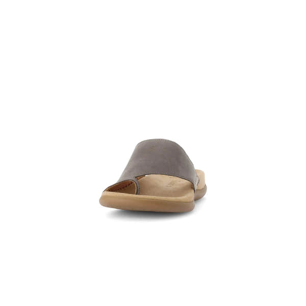 Gabor Lanzarote Ladies Taupe Nubuck Slip-On Sandals with open toe design and cushioned footbed.