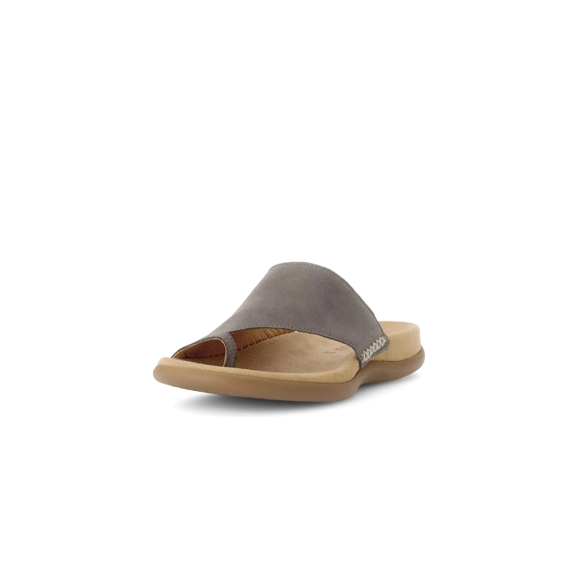 Gabor Lanzarote Ladies Taupe Nubuck Slip-On Sandals with cushioned sole and open toe design.