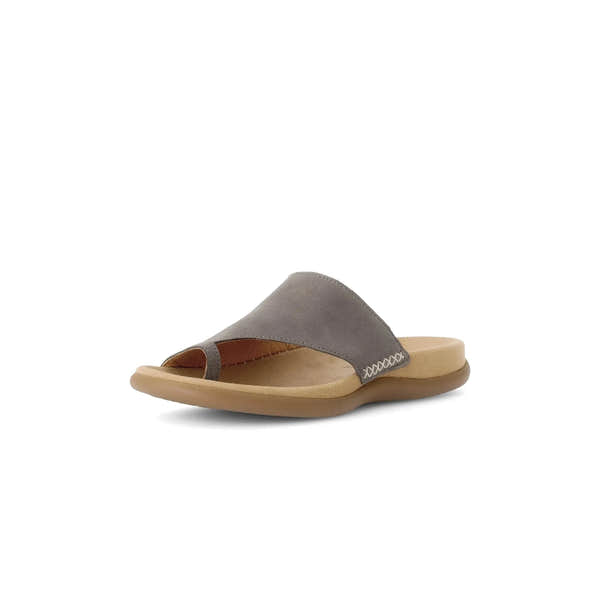 Gabor Lanzarote women's taupe nubuck slip-on sandals with cushioned footbed and open toe design.