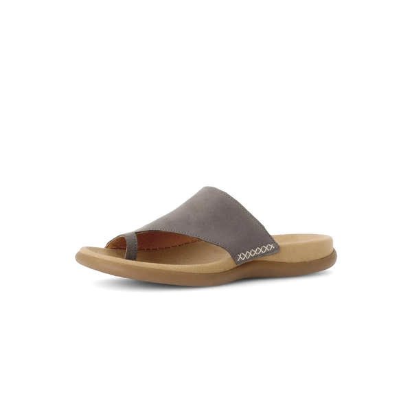 Gabor Lanzarote women's taupe nubuck slip-on sandals with open toe and cushioned footbed.