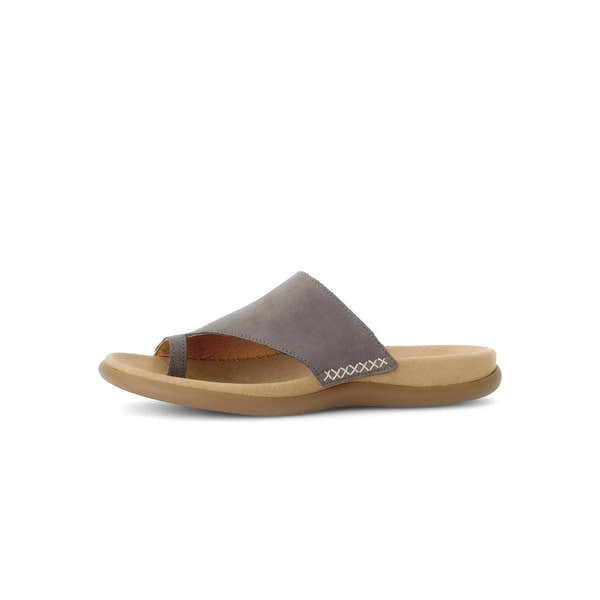Gabor Lanzarote Ladies Taupe Nubuck Slip-On Sandals with comfortable cushioned footbed and open toe design.