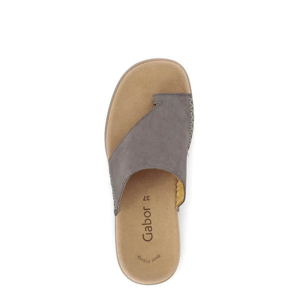 Gabor Lanzarote women's taupe nubuck slip-on sandals with cushioned footbed and decorative stitching.