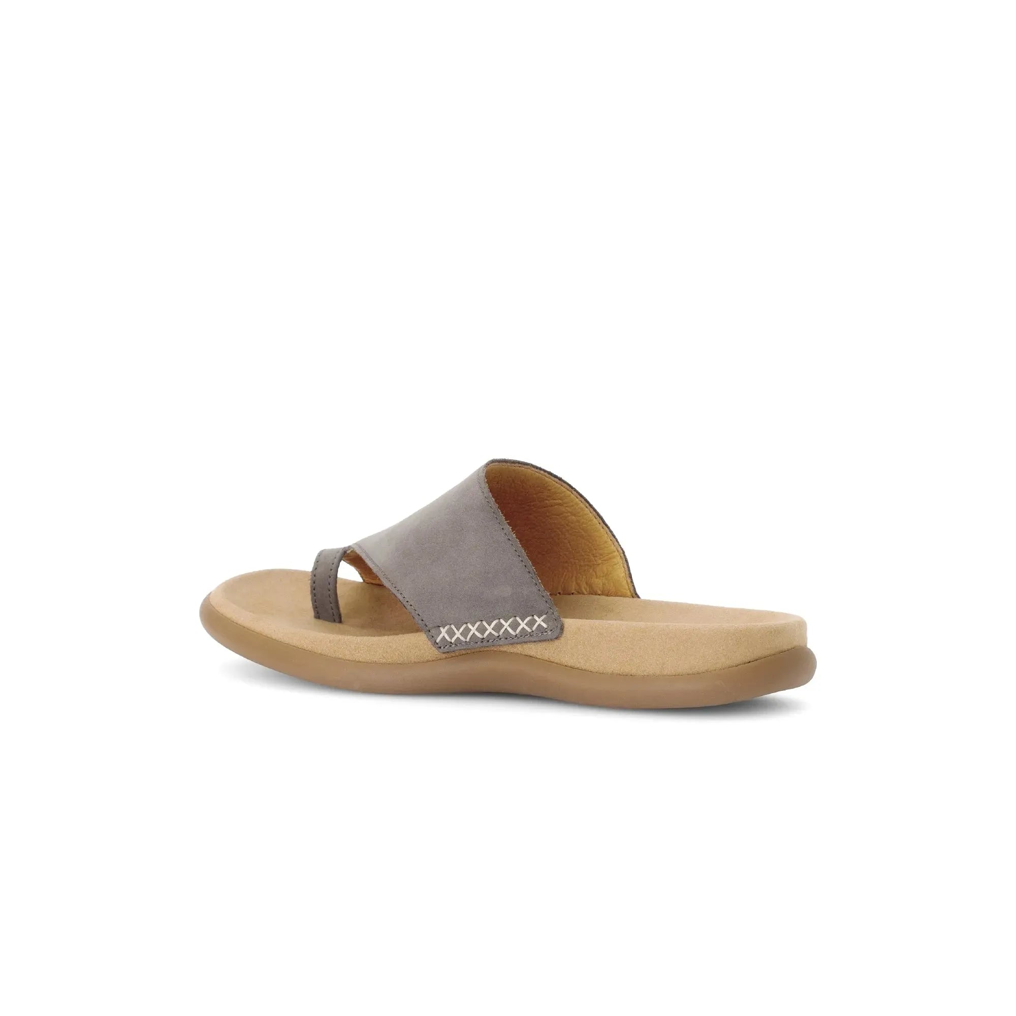 Gabor Lanzarote Ladies Taupe Nubuck Slip-On Sandals with cushioned sole and open toe design.
