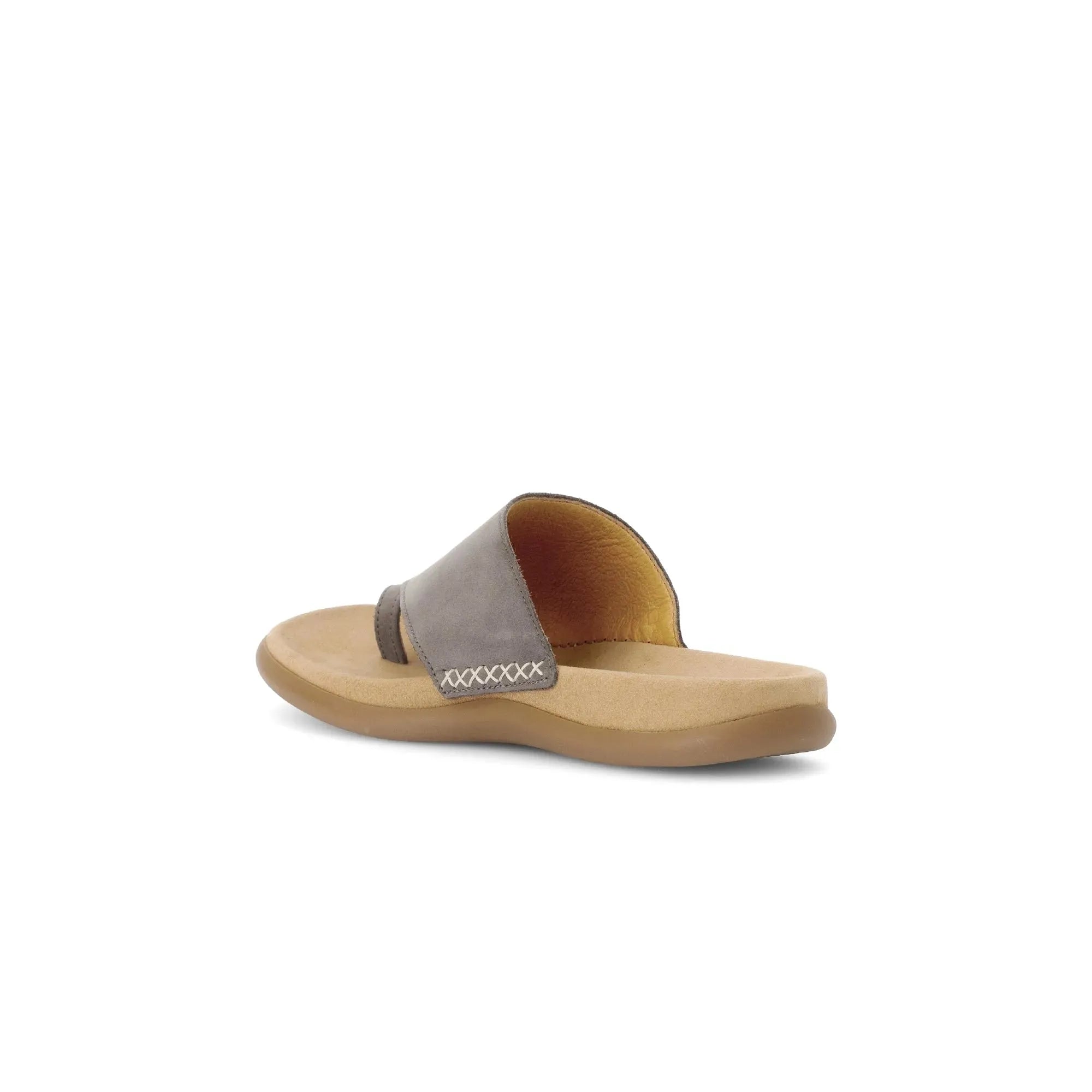Gabor Lanzarote Ladies Taupe Nubuck Slip-On Sandals with cushioned footbed and open toe design.