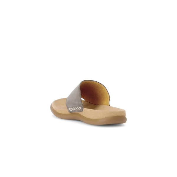 Gabor Lanzarote Ladies Taupe Nubuck Slip-On Sandals with cushioned footbed and adjustable strap.