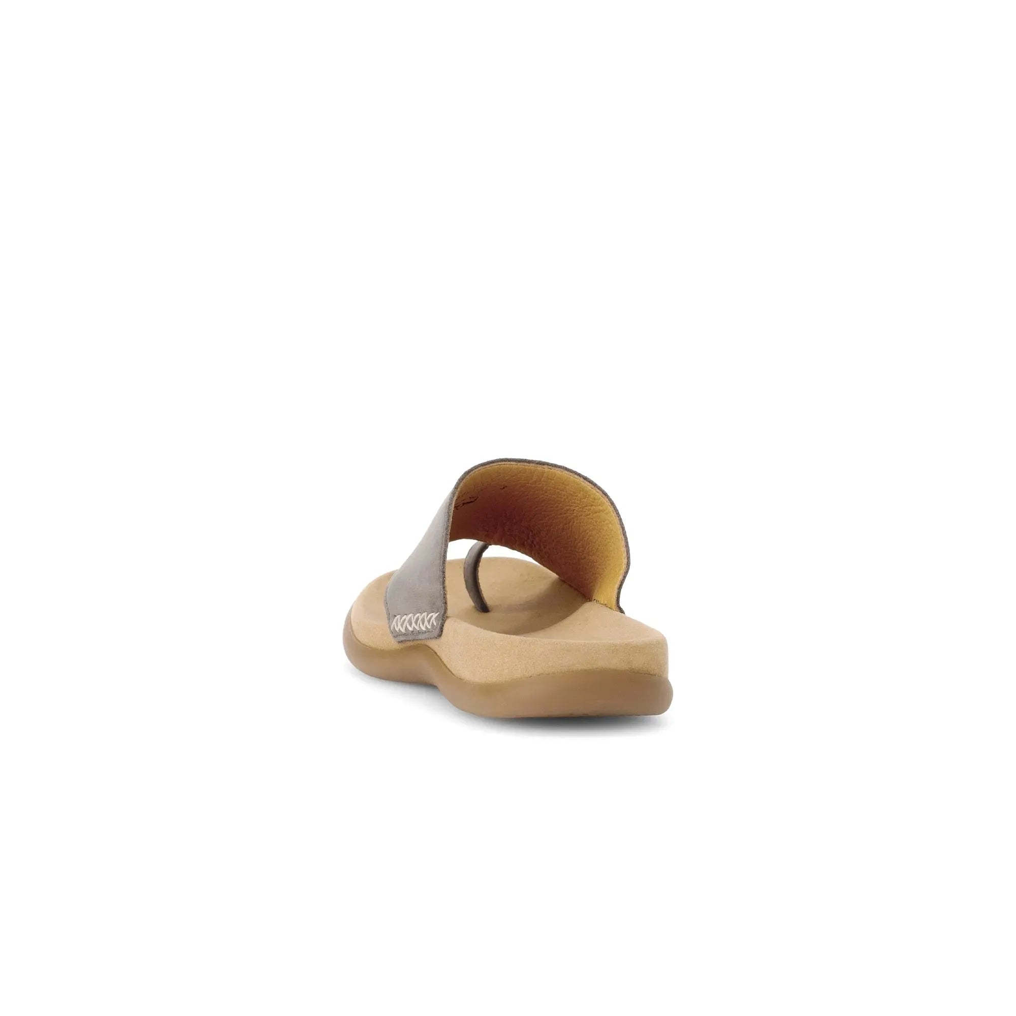 Gabor Lanzarote ladies taupe nubuck slip-on sandals with cushioned footbed and open toe design.