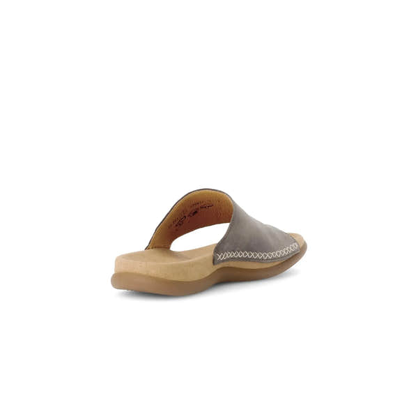 Gabor Lanzarote women's taupe nubuck slip-on sandals with cushioned footbed and stitched detailing.
