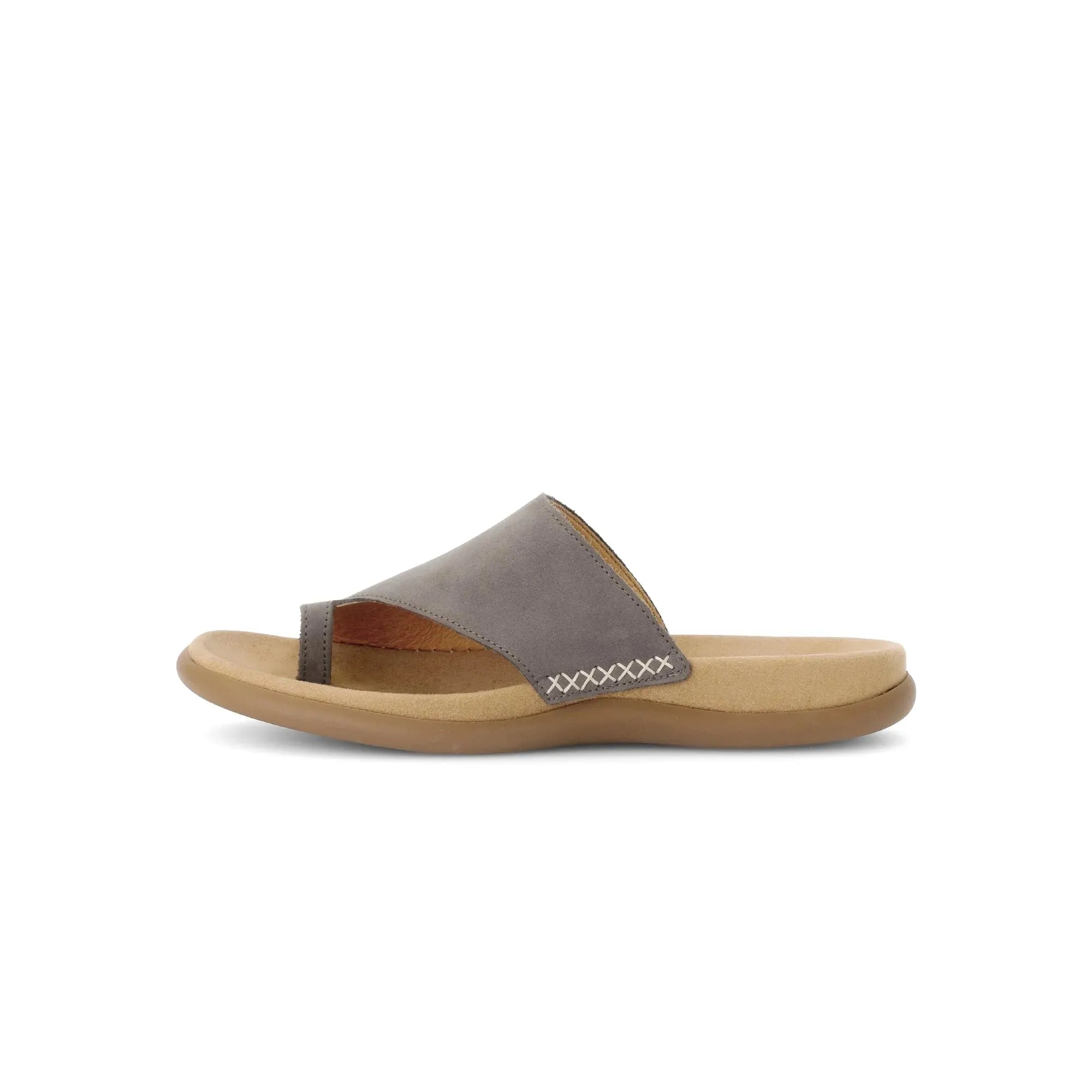 Gabor Lanzarote women's taupe nubuck slip-on sandals with open toe and cushioned sole.