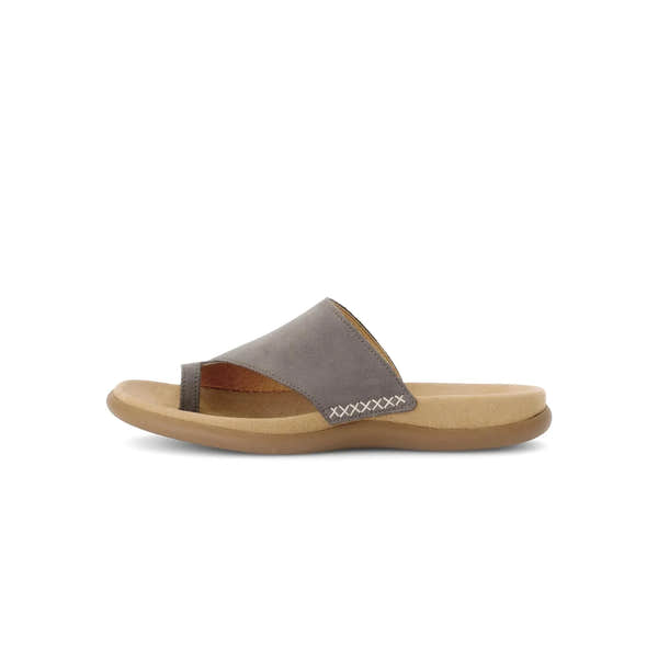 Gabor Lanzarote women's taupe nubuck slip-on sandals with open toe and cushioned sole.