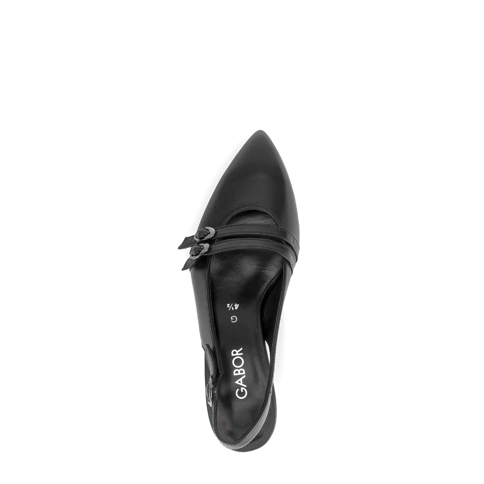 Gabor Edith black slingback shoes, top view.