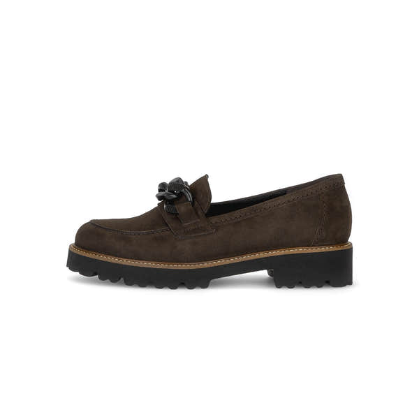Gabor Squeeze mocca brown chain trim loafers, outer side view.