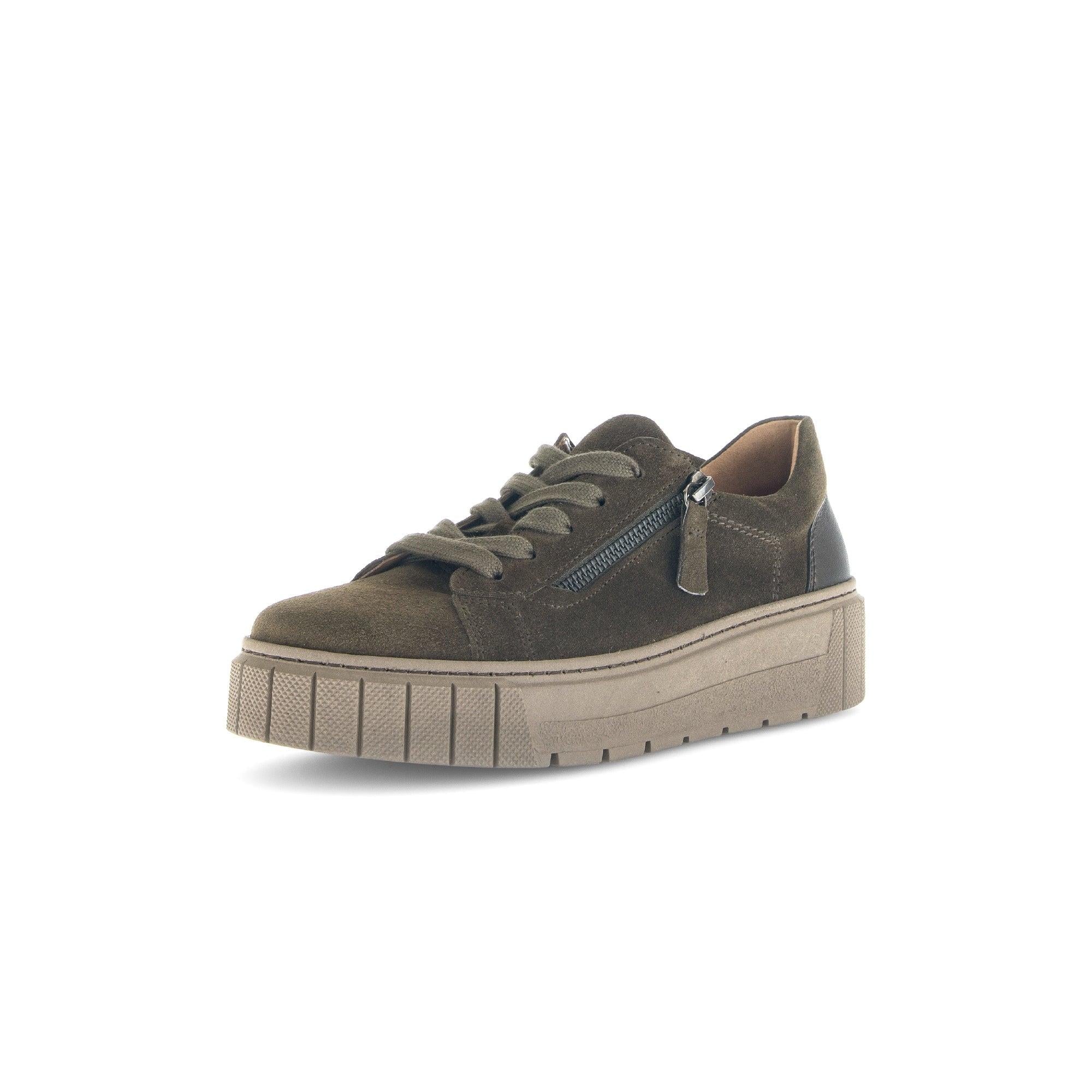 Gabor 6017.03.002 Ferry Ladies Olive Green Leather Combi Zip & Lace Trainers