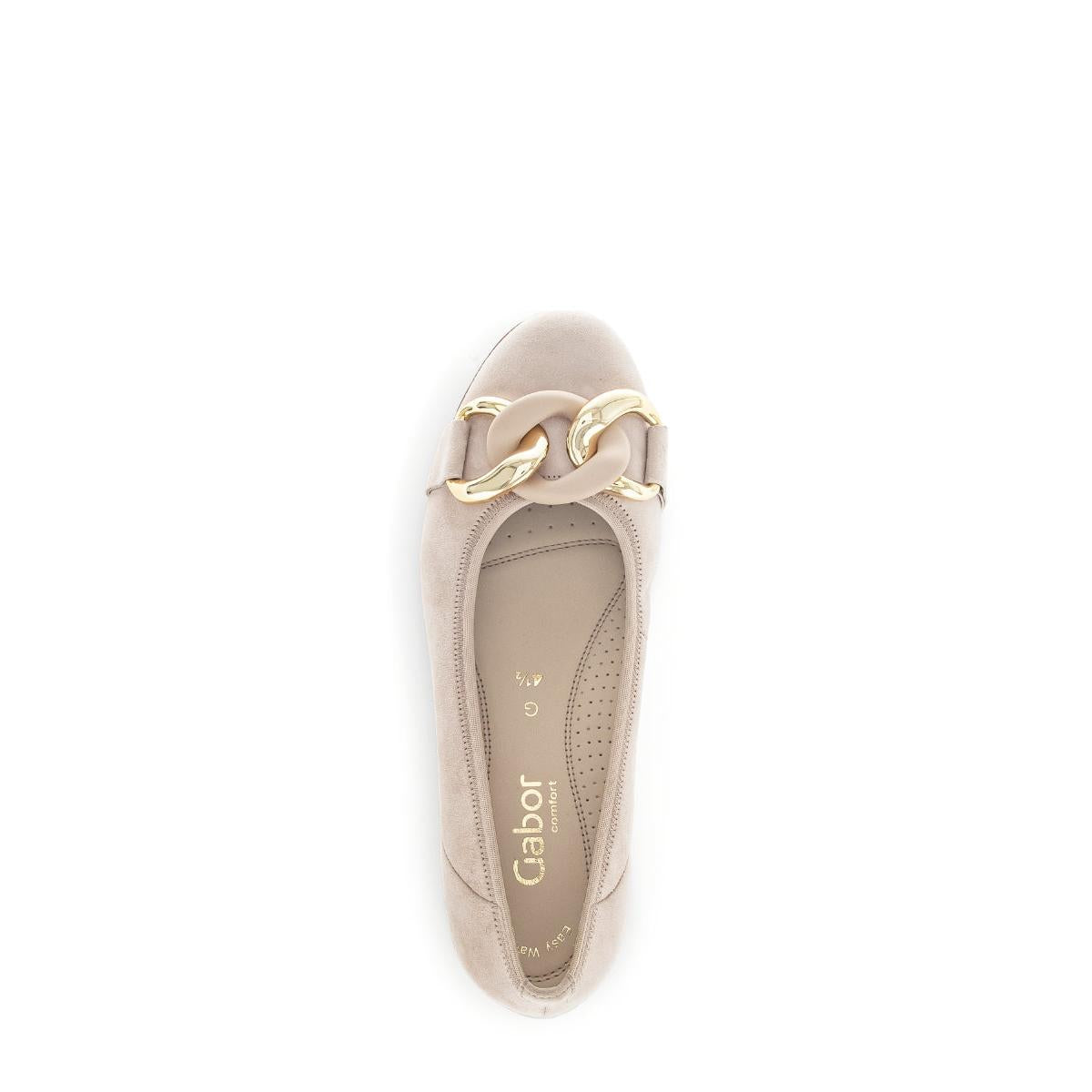 Gabor Ladies Tan Suede Slip-On Shoes with Gold Chain Detail, Comfortable Women's Flat Footwear.