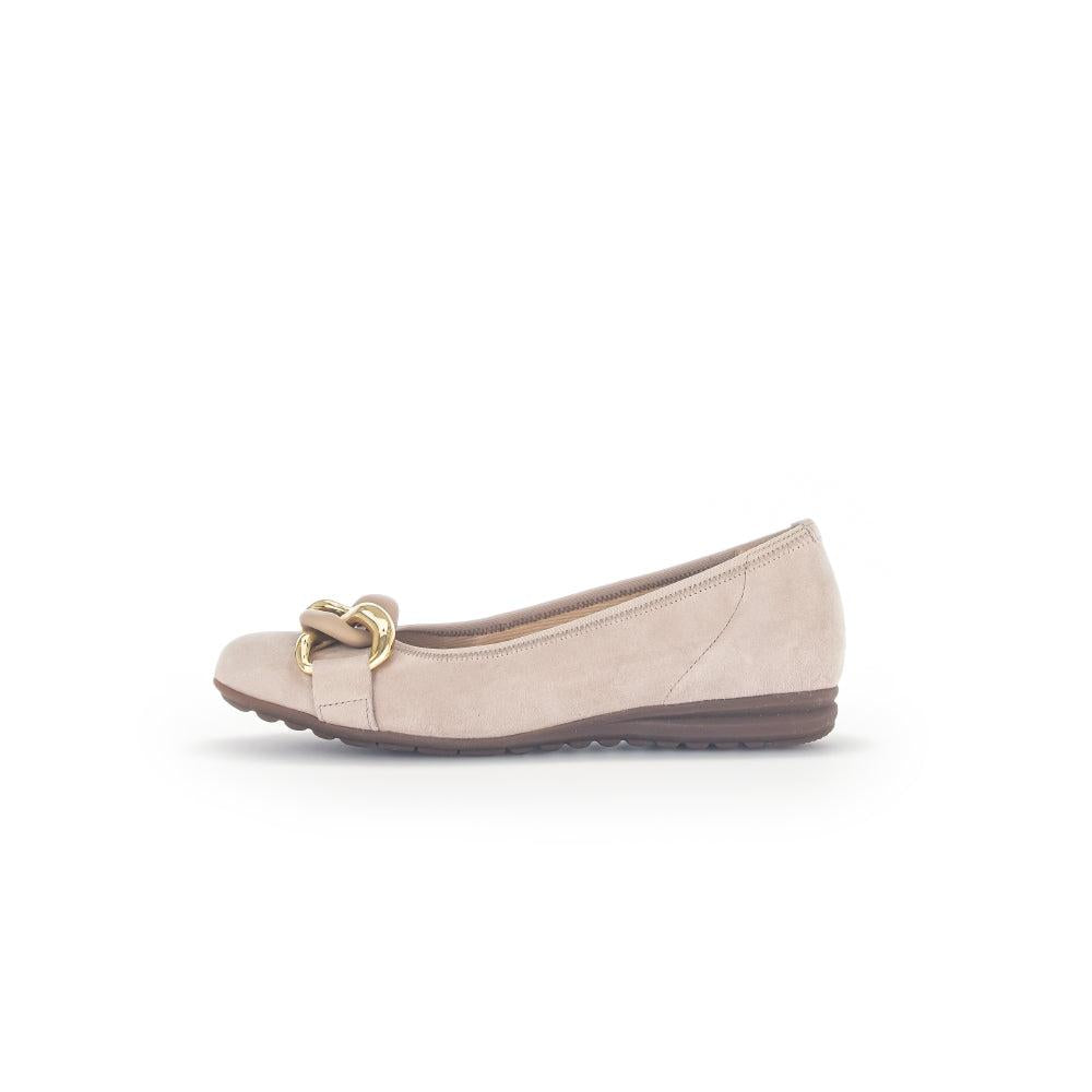 Gabor Sabia women's tan suede slip-on ballet flats with gold buckle detail and rubber sole.