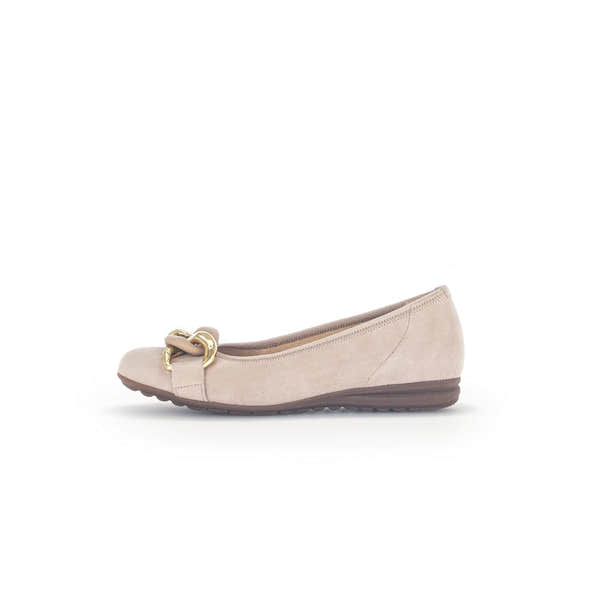 Gabor Sabia women's tan suede slip-on ballet flats with gold buckle detail and rubber sole.