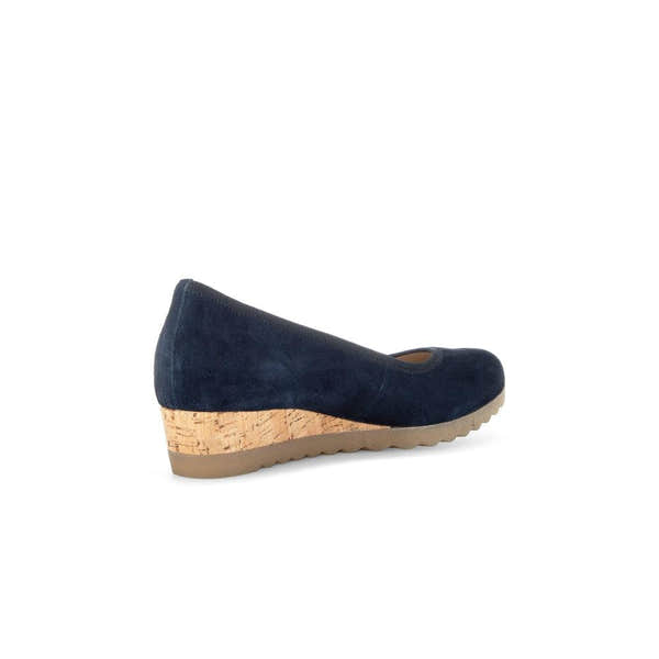 Gabor Epworth Ladies Dark Blue Suede Slip-On Wedge Shoes with cork heel, comfortable casual footwear for women.