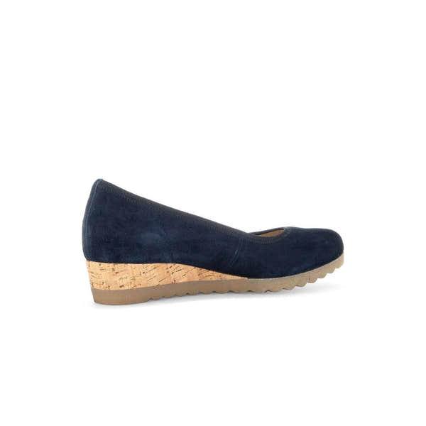 Gabor Epworth Ladies Dark Blue Suede Slip-On Shoes with cork wedge heel and textured rubber sole.