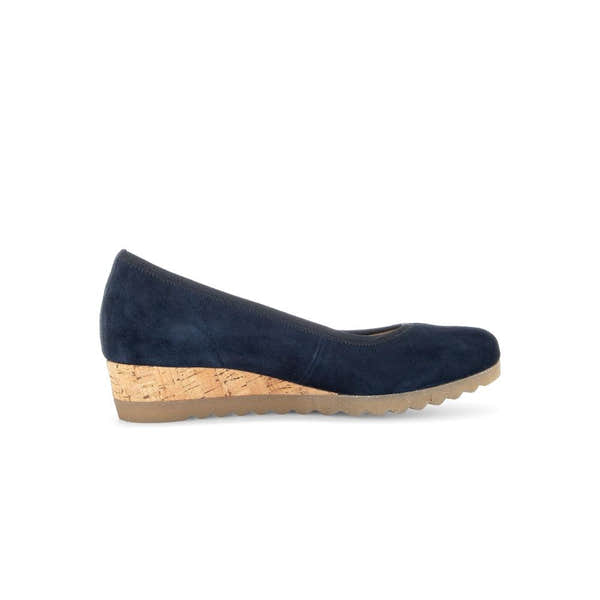 Gabor Women's Dark Blue Suede Slip-On Shoes with Cork Wedge Heel, casual and stylish footwear for women.