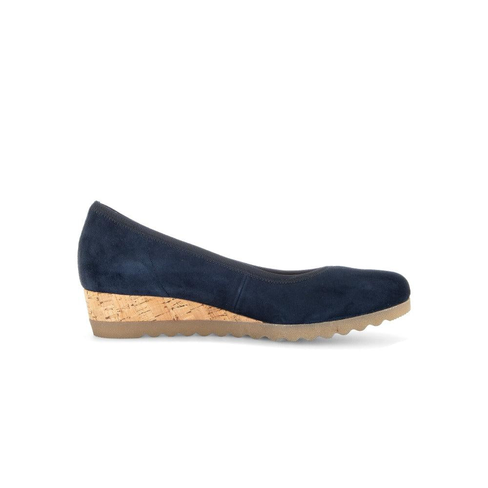 Gabor women's dark blue suede slip-on shoes with cork wedge heel and rubber sole.