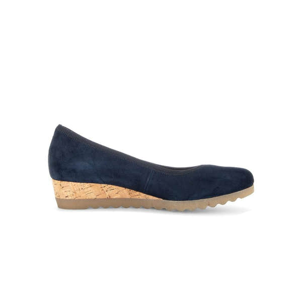 Gabor women's dark blue suede slip-on shoes with cork wedge heel and rubber sole.