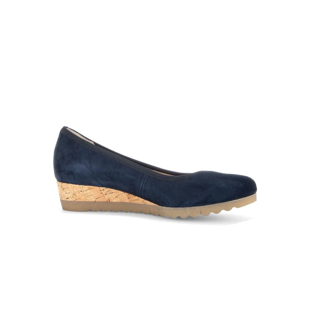 Gabor women's dark blue suede slip-on shoes with cork wedge heel and textured rubber sole.