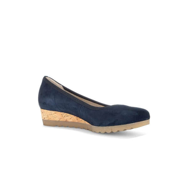 Gabor ladies' dark blue suede slip-on shoes with cork wedge heel and beige sole, stylish and comfortable footwear.
