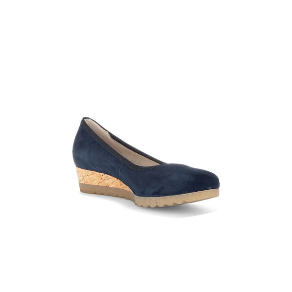 Gabor Epworth women's dark blue suede slip-on shoes with cork wedge heel and beige rubber sole.