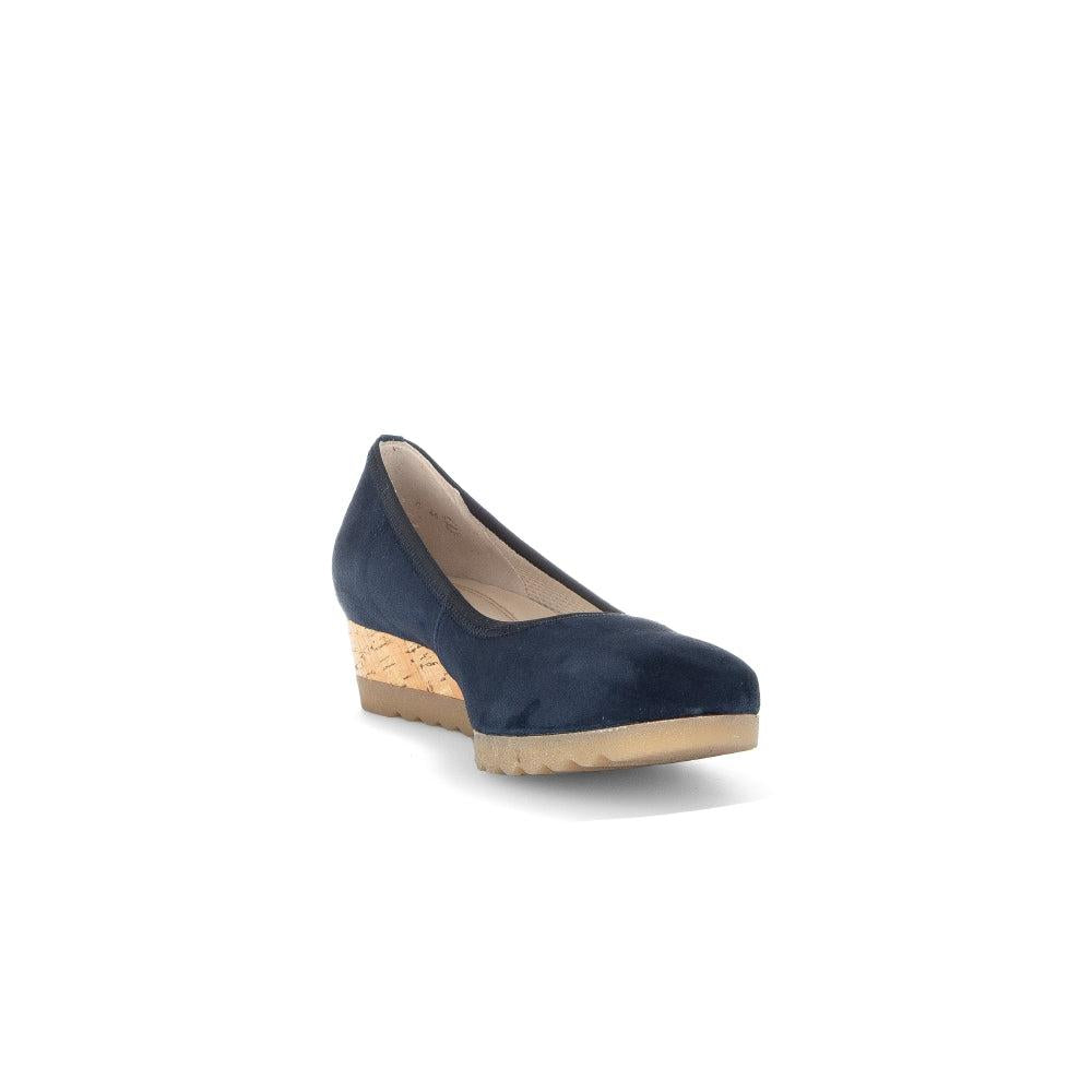 Gabor 62.641.46 Epworth Ladies Dark Blue Suede Slip-On Shoes with cork wedge heel and beige rubber sole.