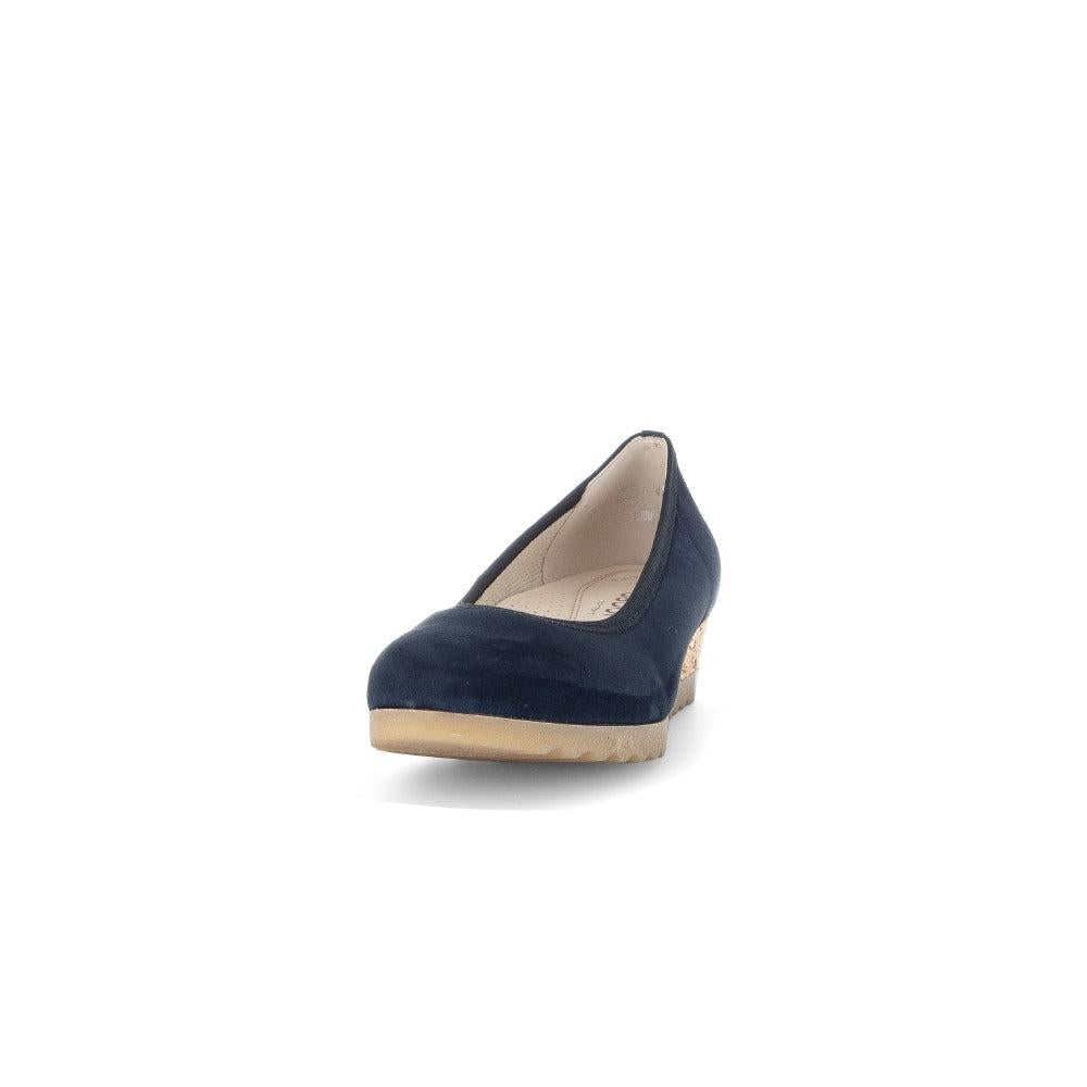 Gabor Epworth women's dark blue suede slip-on shoes with a wedge heel and beige interior.