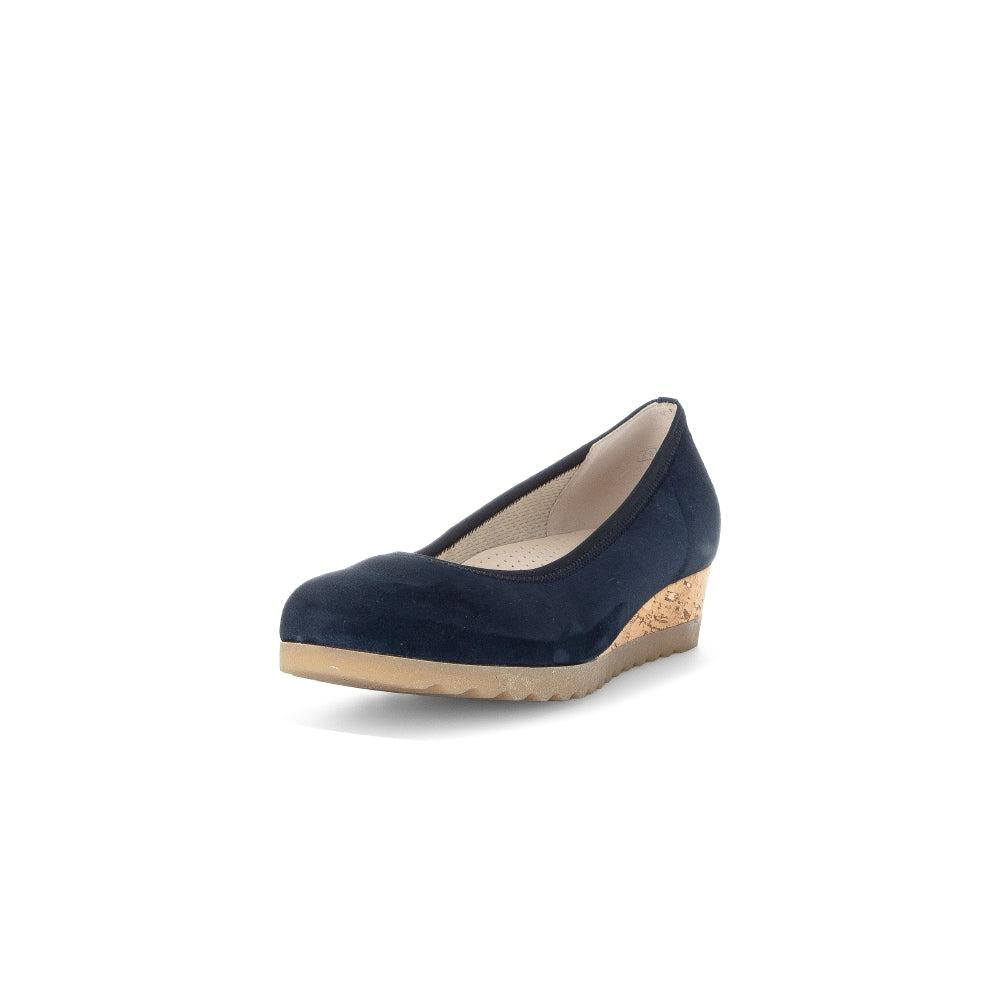Gabor women's dark blue suede slip-on shoes with cork wedge heel and beige sole.