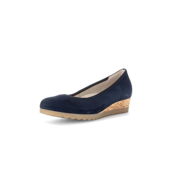 Gabor women's dark blue suede slip-on wedge shoes with cork heel and beige outsole.