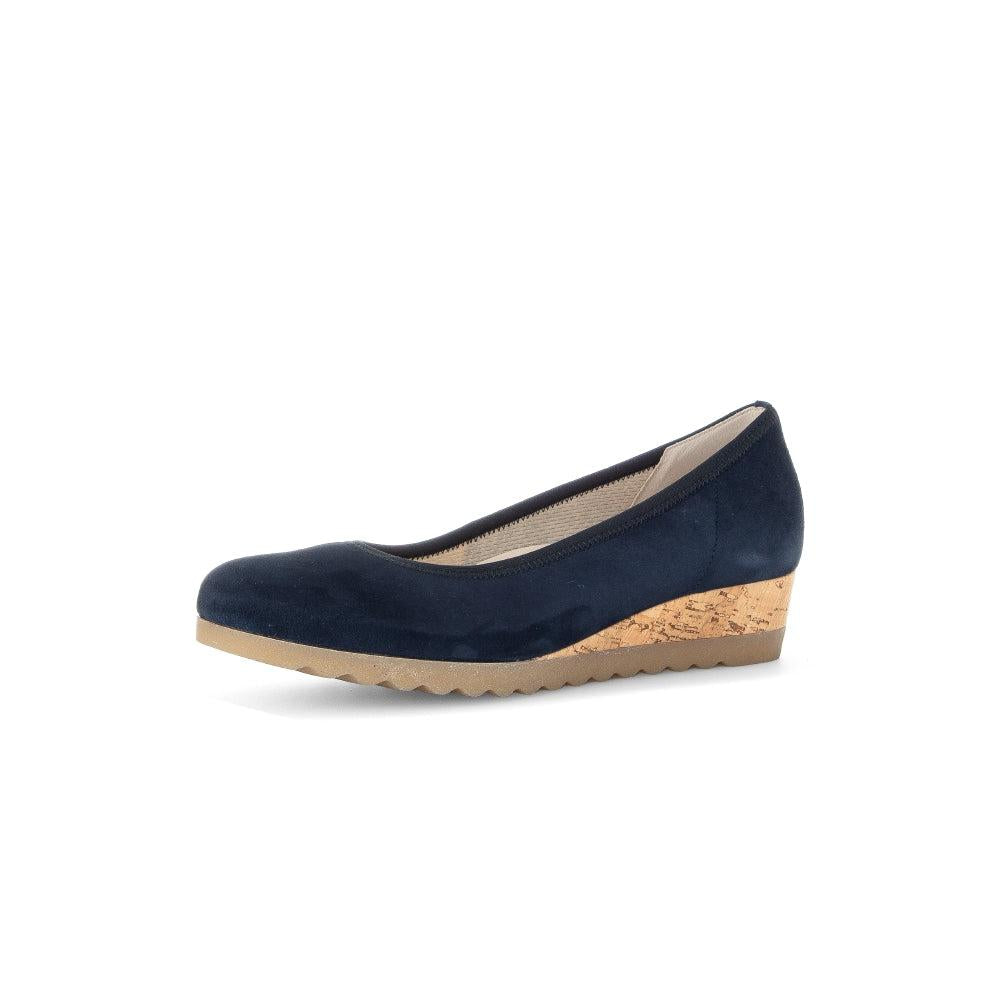 Gabor Epworth women's dark blue suede slip-on wedge shoes with cork heel and beige outsole.