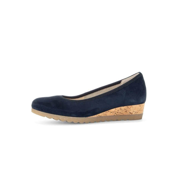 Gabor Epworth women's dark blue suede slip-on shoes with cork wedge heel and rubber sole.