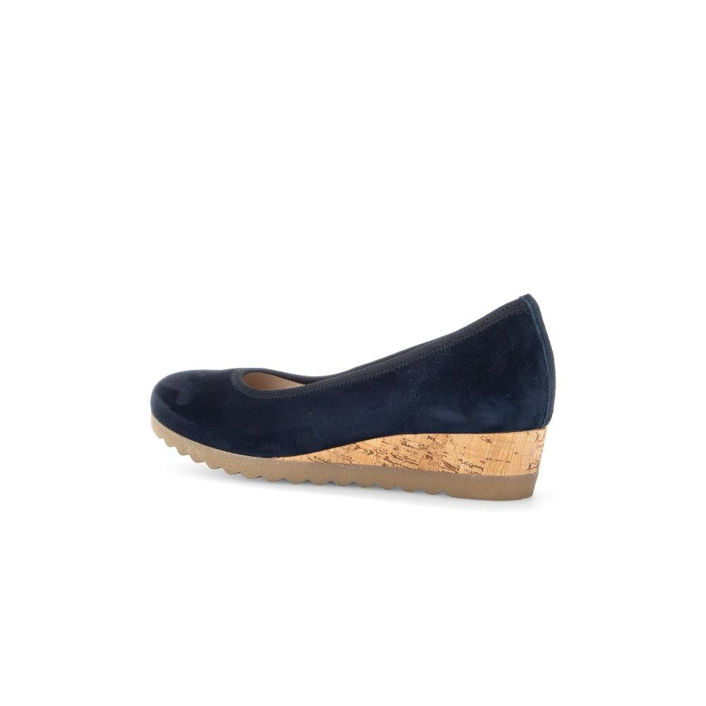 Gabor Women's Dark Blue Suede Slip-On Shoes with Cork Wedge Heel and Rubber Sole.