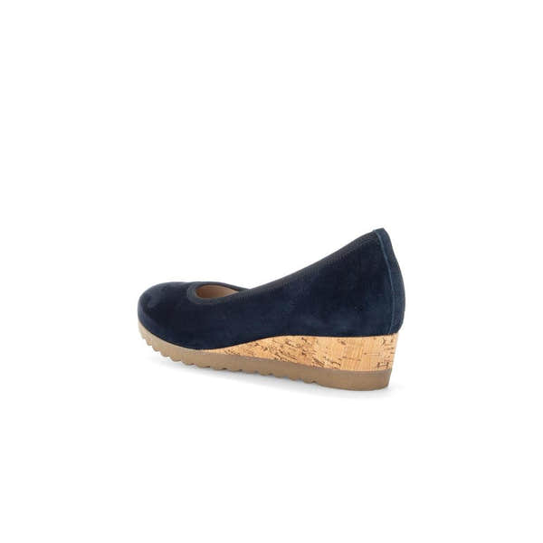 Gabor women's dark blue suede slip-on wedge shoes with cork heel and beige sole.