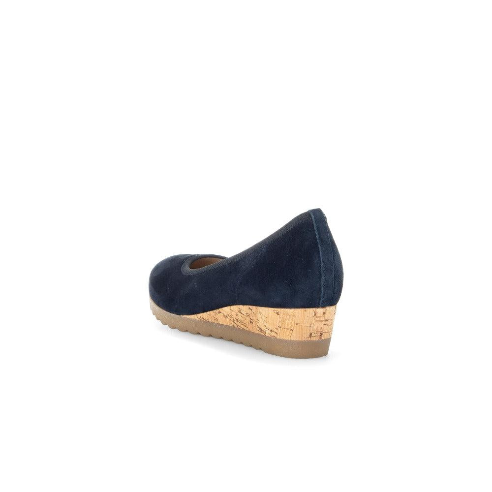 Gabor Epworth women's dark blue suede slip-on wedge shoes with cork heel and rubber sole.