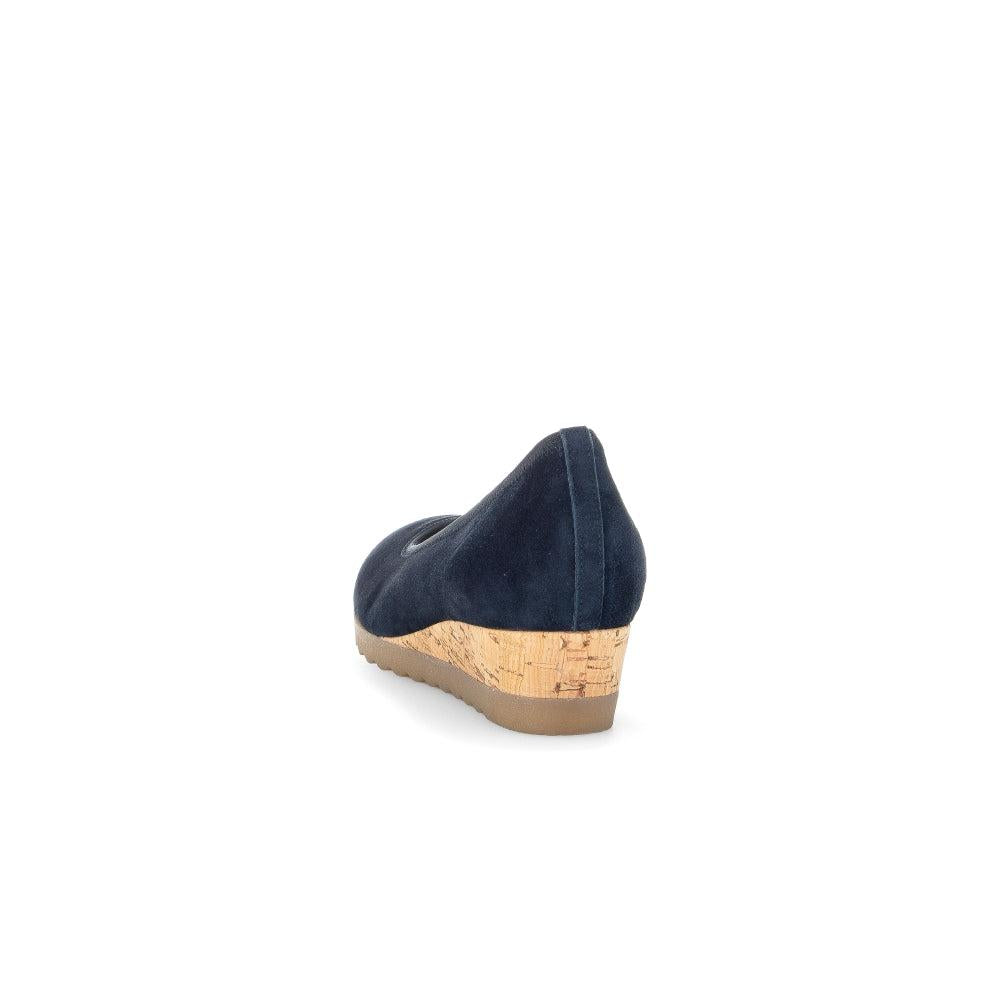 Gabor Ladies Dark Blue Suede Slip-On Shoes with Cork Wedge Heel