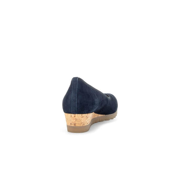 Gabor Epworth Ladies Dark Blue Suede Slip-On Shoes with Cork Heel, comfortable and stylish footwear for women.
