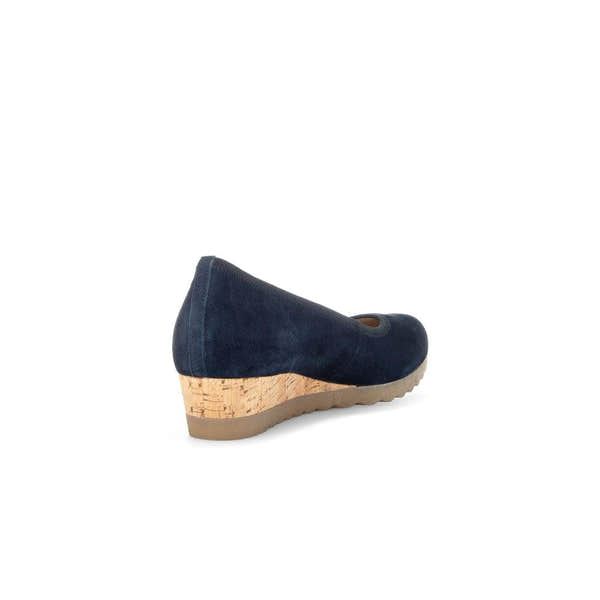 Gabor Epworth Ladies' Dark Blue Suede Slip-On Wedge Shoes with cork heel and rubber sole.